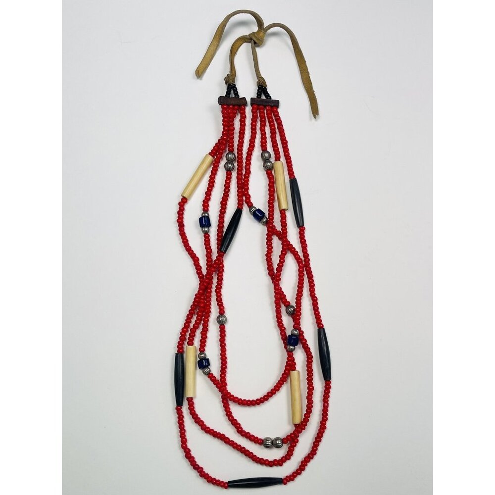 VTG 22" Native American Red Bone Graduated Multi-Strand NECKLACE w/ Leather Tie